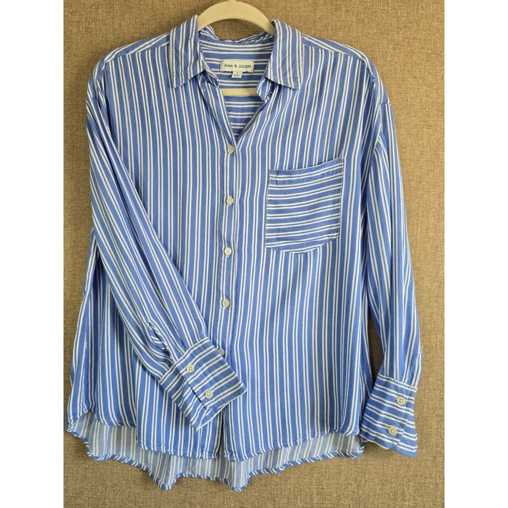 Alex & Jordan Blue White Striped Rayon Button Down Shirt Womens Large L Pocket